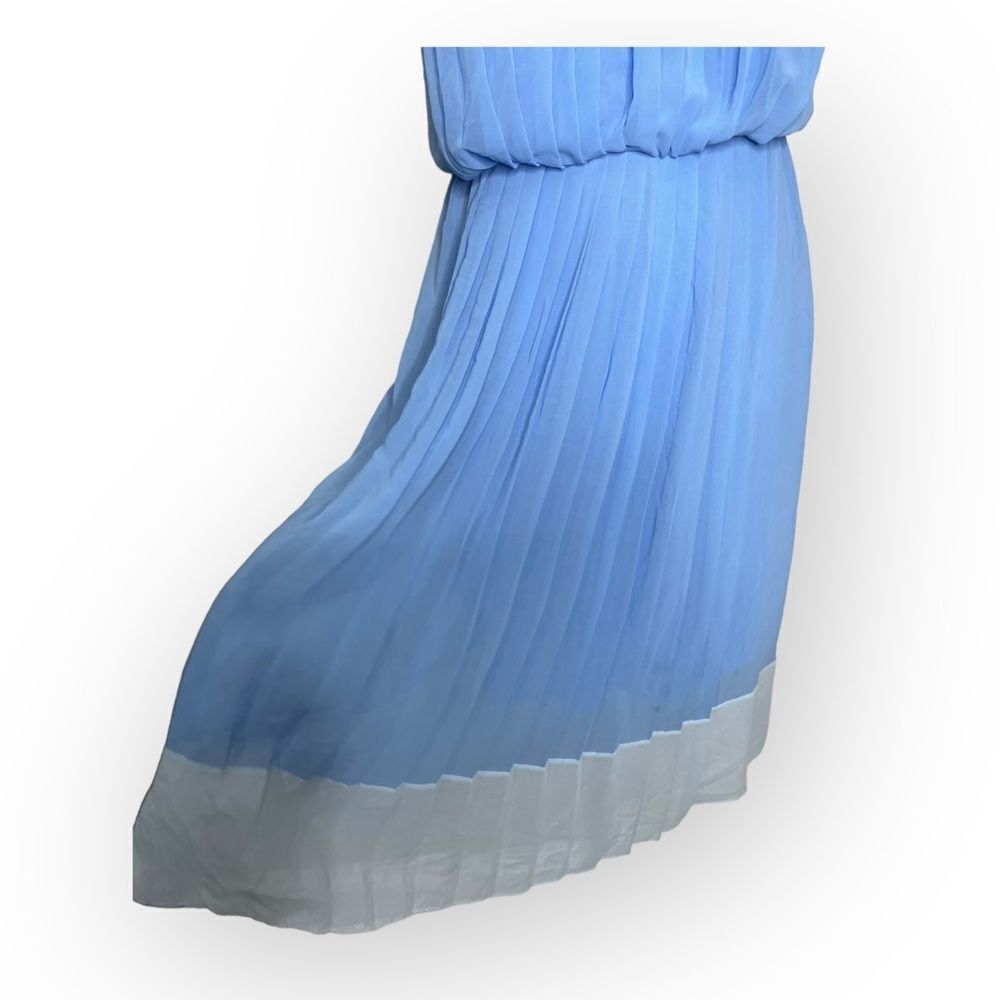 SANDRO Blue and White Scoop Neck Pleated Midi Length Dress Size Small - Picture 4 of 11